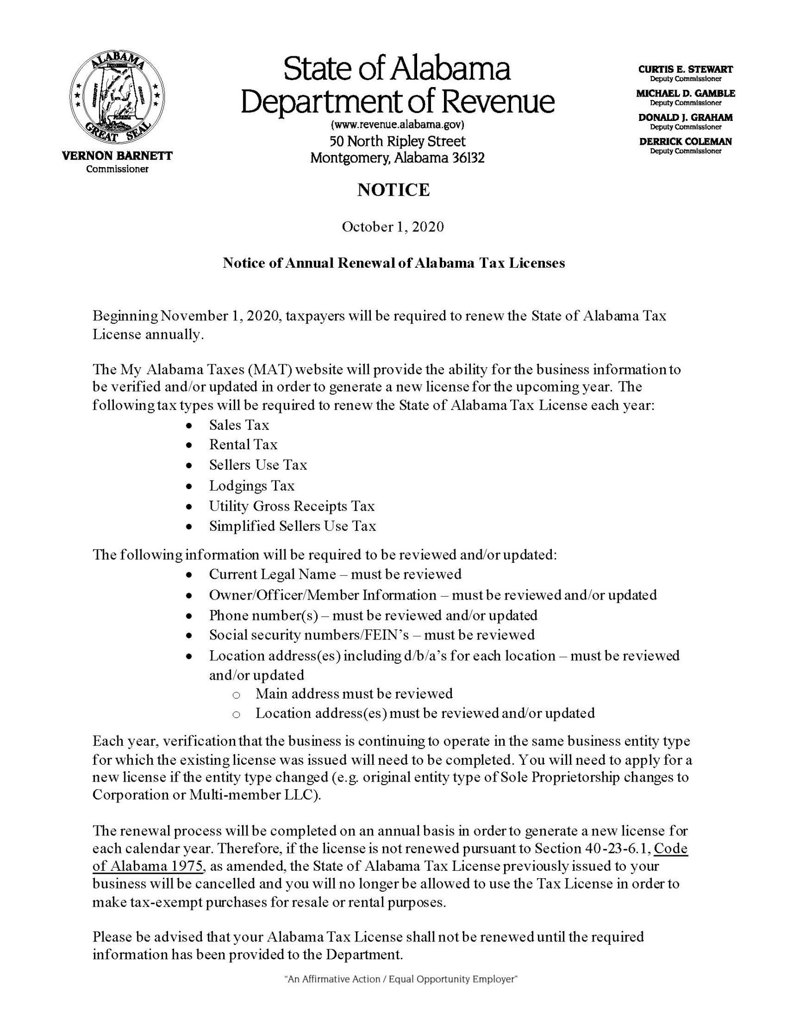 Crow Shields Bailey PC Notice Of Annual Renewal Of Alabama Tax Licenses